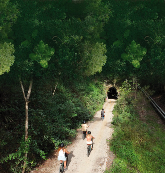 Byron Bike Hire Customers Cycling along the northern rivers rail trail on electric bikes.