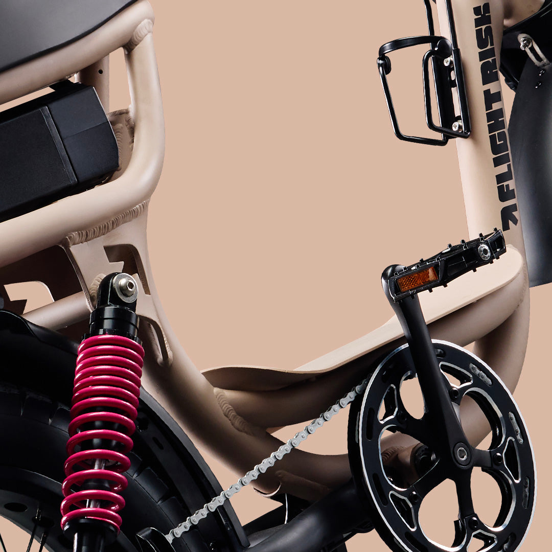 RF333 Champagne step through e-bike with suspension and blinkers from Flight Risk Australia