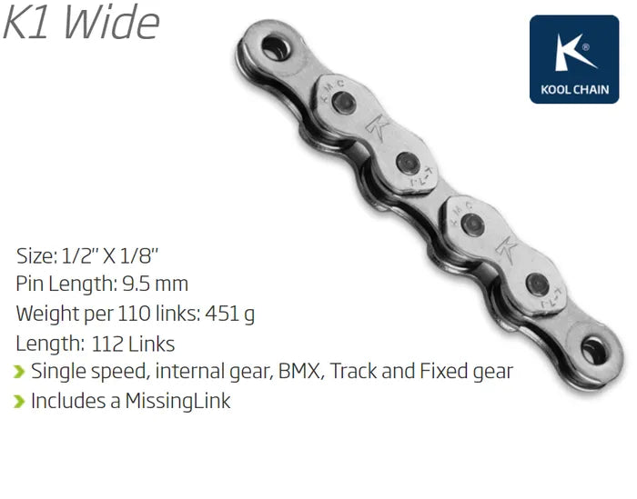 CHAIN - Single Speed - KMC K1 - 112L - SILVER - w/Connect Link - freedommachine