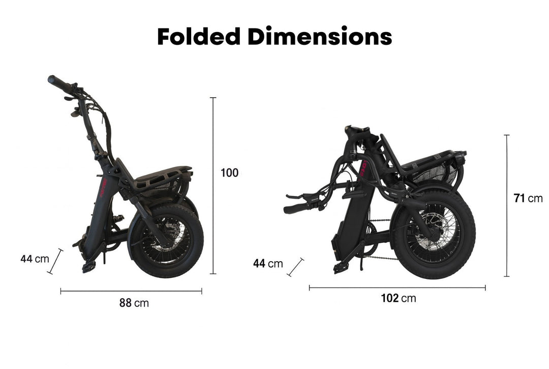 Vamos Doblez 2026 folding dimensions showing half-folded and fully folded configurations