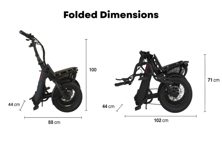 Vamos Doblez 2026 folding dimensions showing half-folded and fully folded configurations